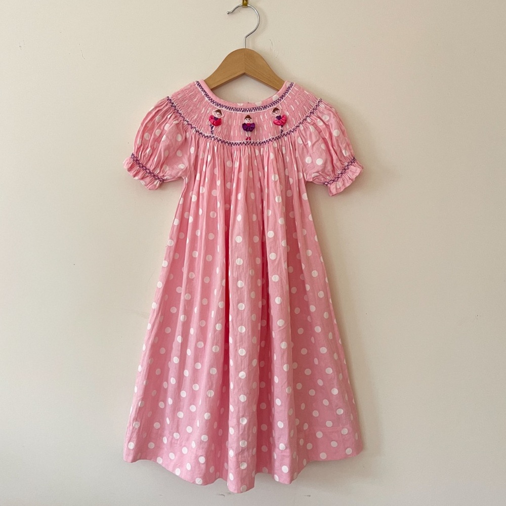 HAND SMOCKED EUC Smocked Ballerina Pink Polka Dot Bishop Heirloom Dress